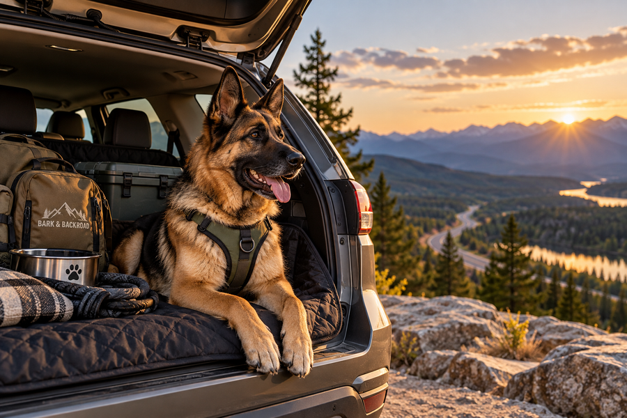 Large adventure dog resting in an SUV overlooking a mountain road at sunset