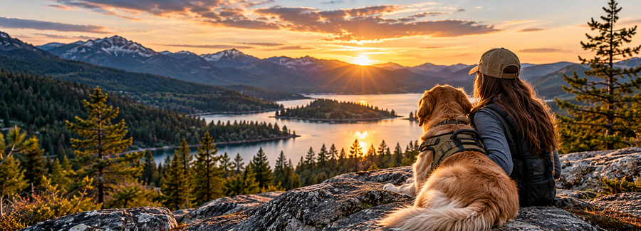 Dog and hiker overlooking a mountain lake for a Northwest Montana backroad adventure
