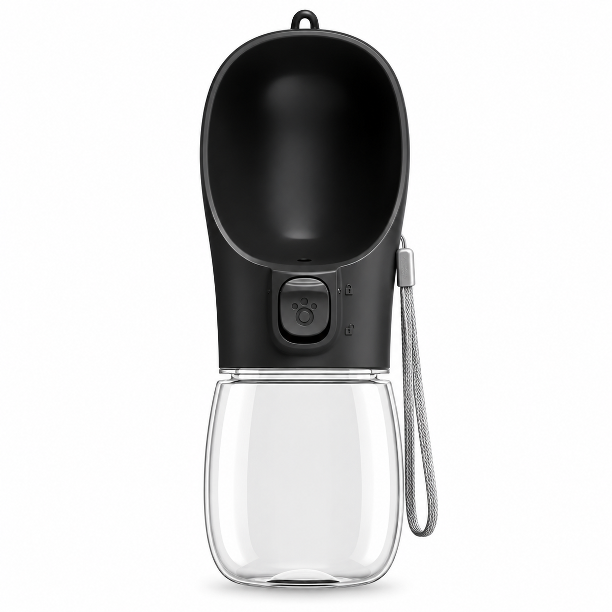 Black Trail Hydration Dog Water Bottle with integrated drinking bowl and wrist strap