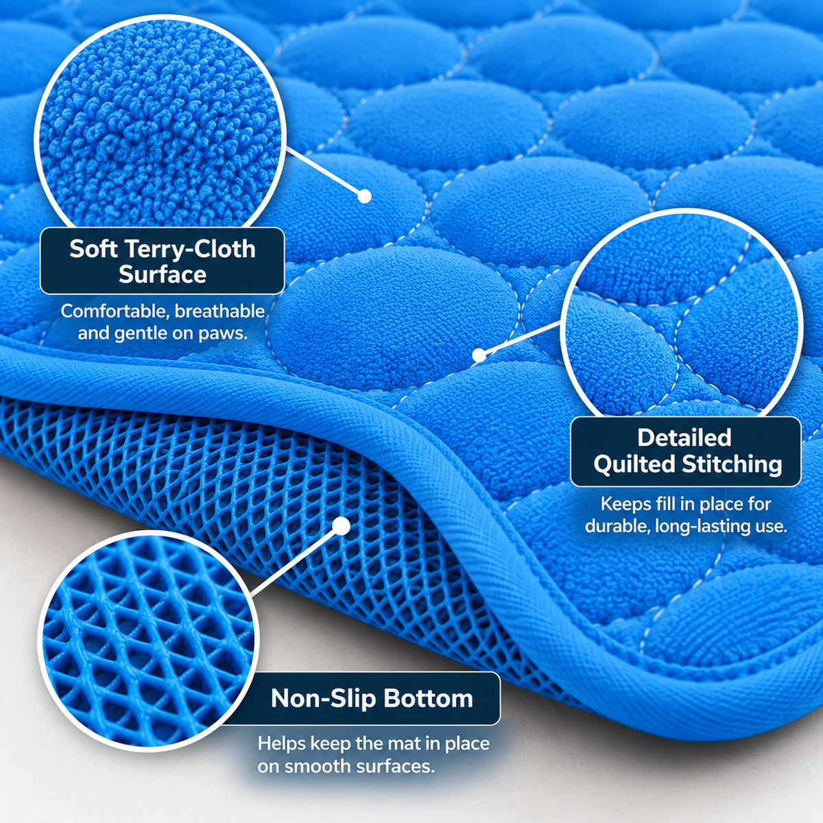 Blue quilted Adventure Cooling Dog Mat feature guide