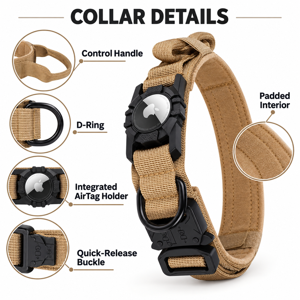 AirTag-Compatible Adventure Dog Collar with Control Handle