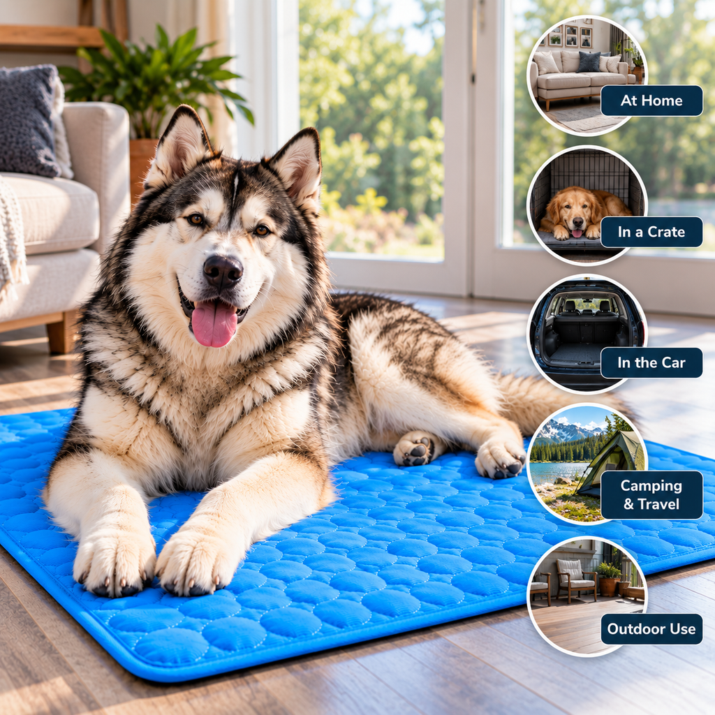 Blue Adventure Cooling Dog Mat shown for home, travel and outdoor use