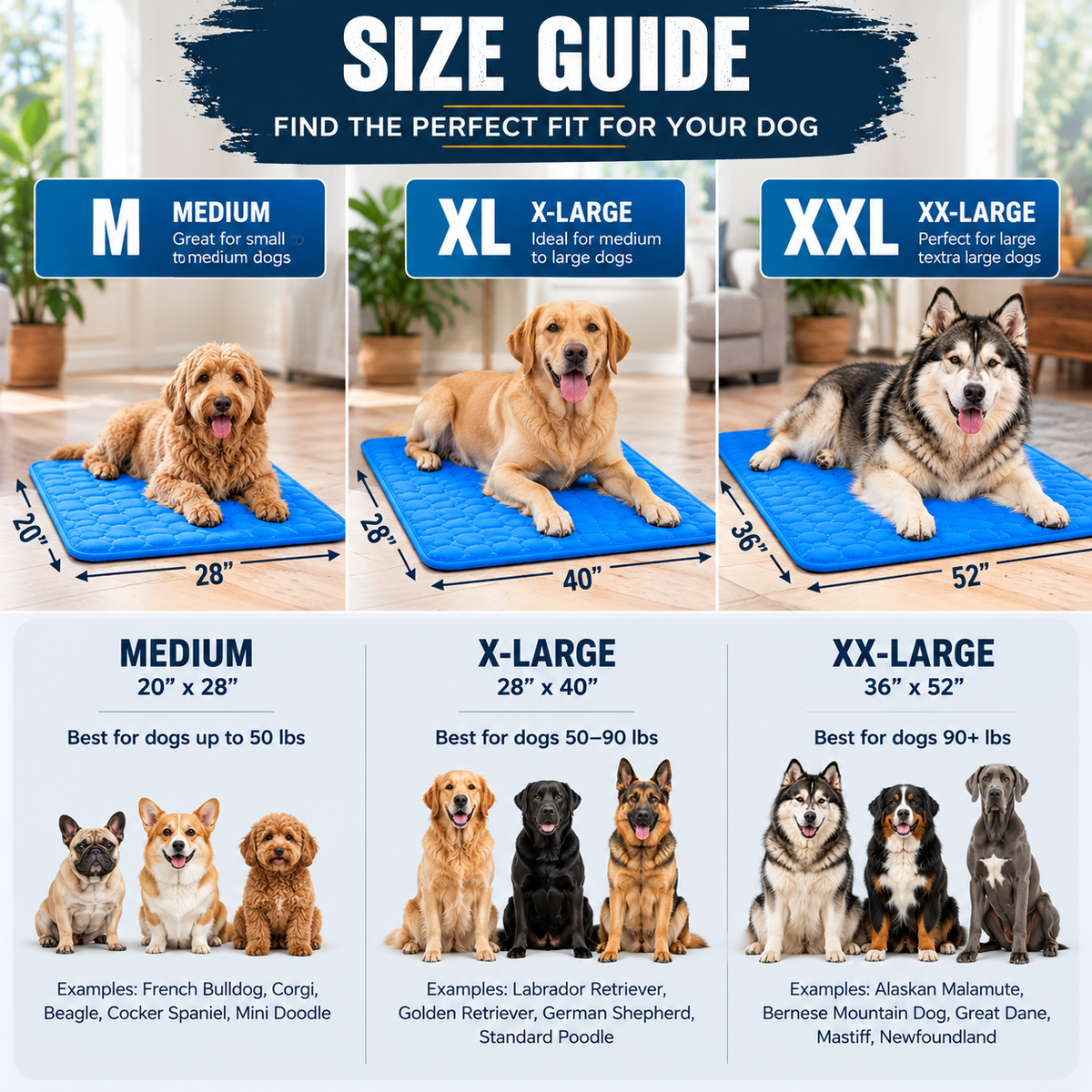 Adventure Cooling Dog Mat size guide for M, XL and XXL sizes