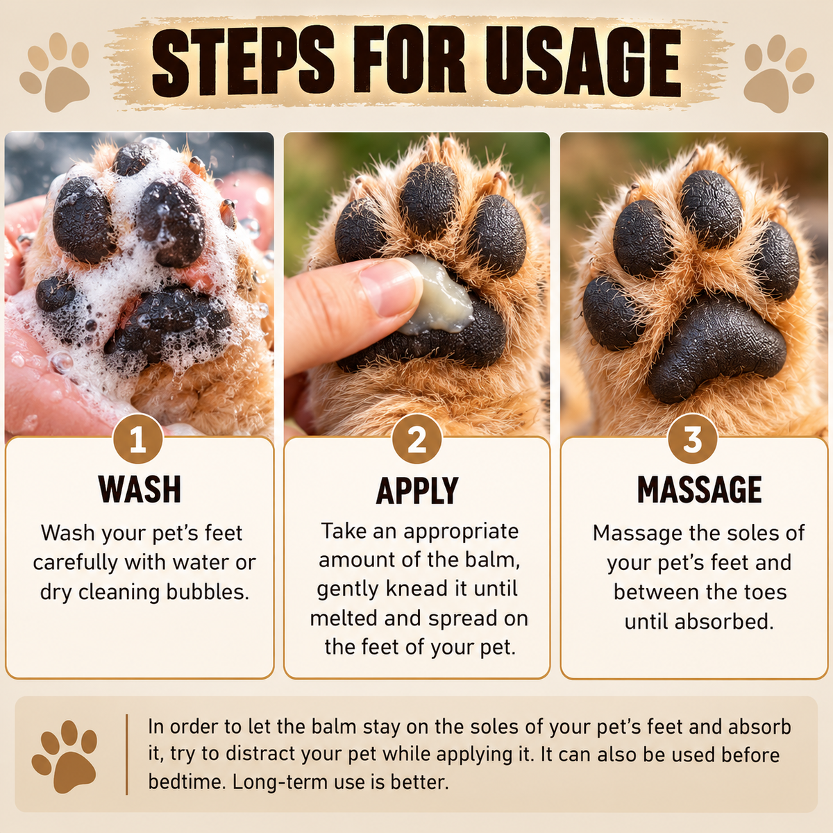 Dog paw balm usage guide showing wash, apply and massage steps