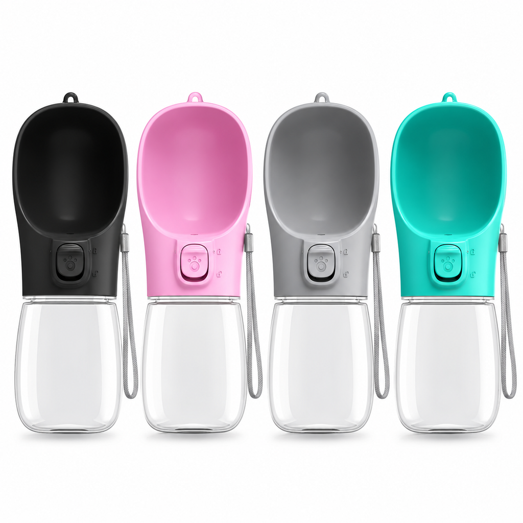 Trail Hydration Dog Water Bottles shown in Black, Pink, Gray and Turquoise