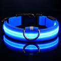Blue LED night-visibility dog collar with illuminated strip and metal D-ring