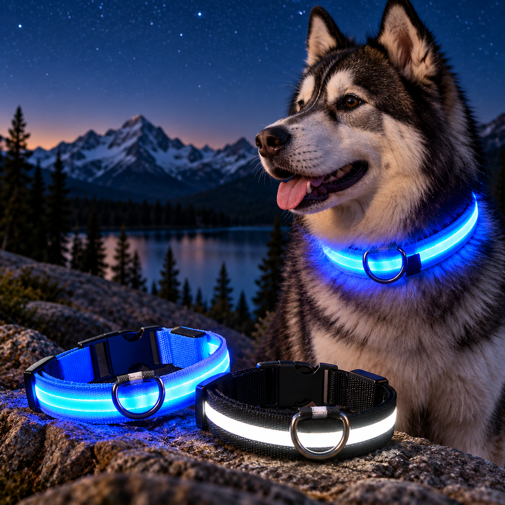 Blue and black LED dog collars glowing beside an alpine lake at night