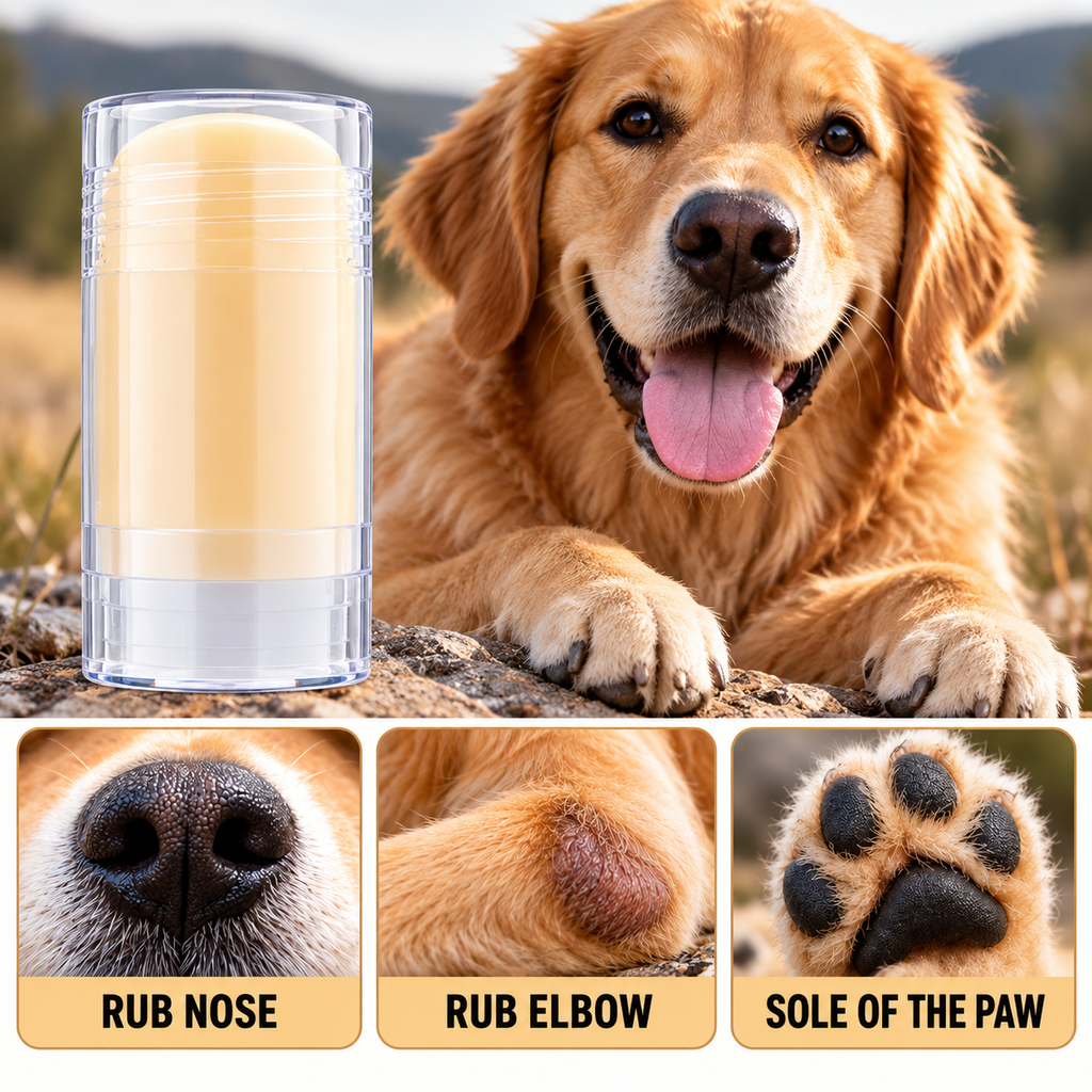 Golden retriever with paw and nose balm application areas for nose, elbow and paw