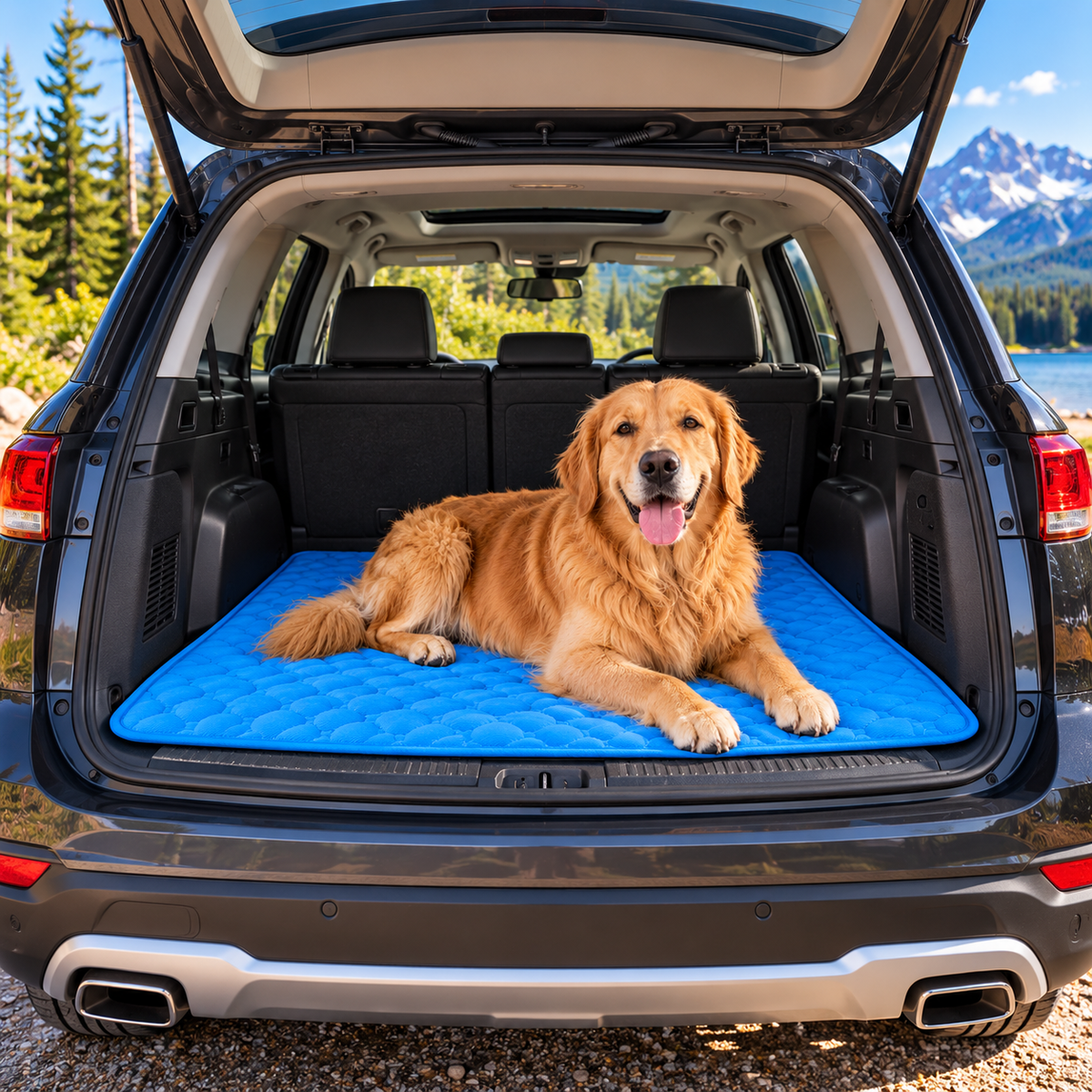Golden Retriever relaxing on a blue Adventure Cooling Dog Mat
