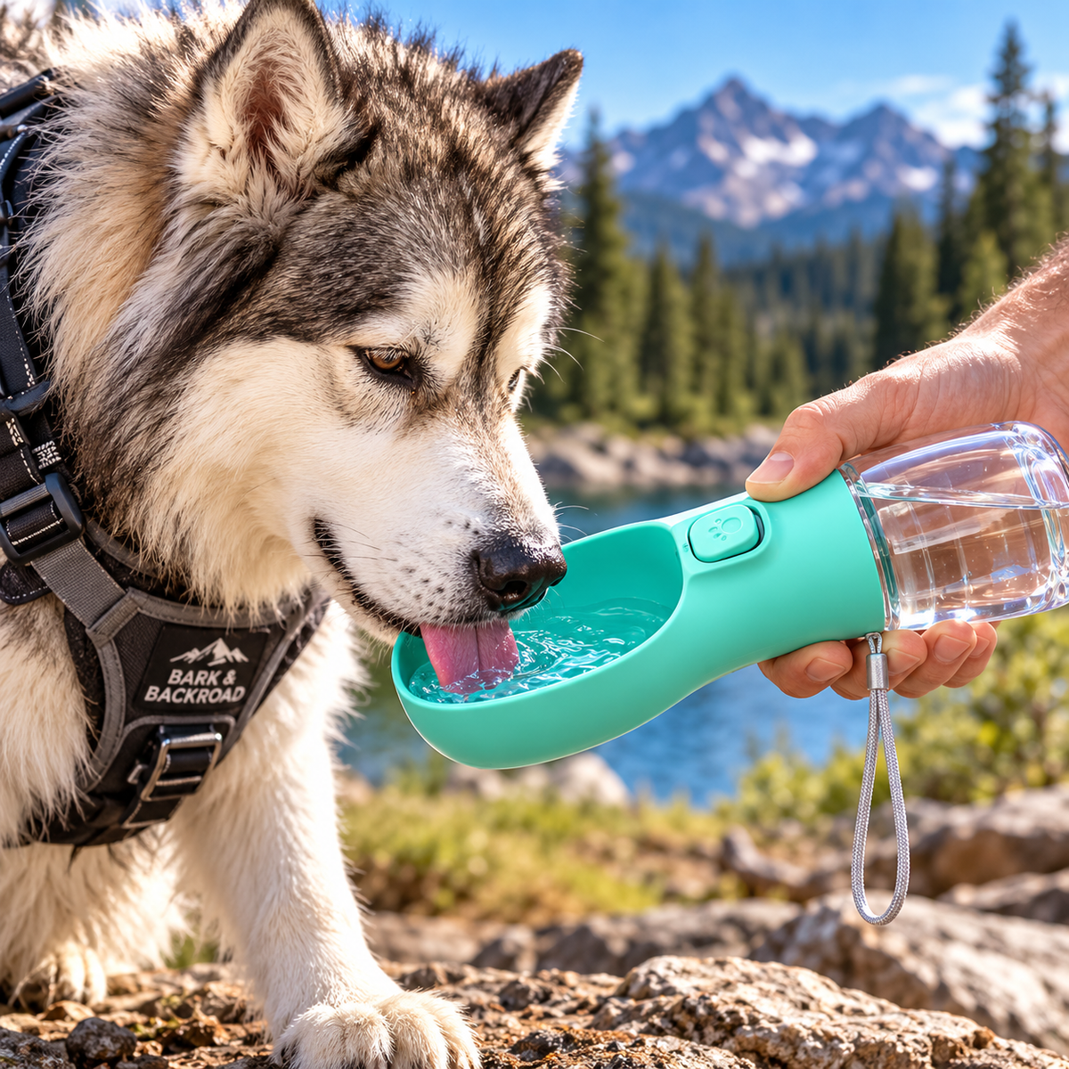 Malamute drinking from a turquoise Trail Hydration Dog Water Bottle on an outdoor adventure