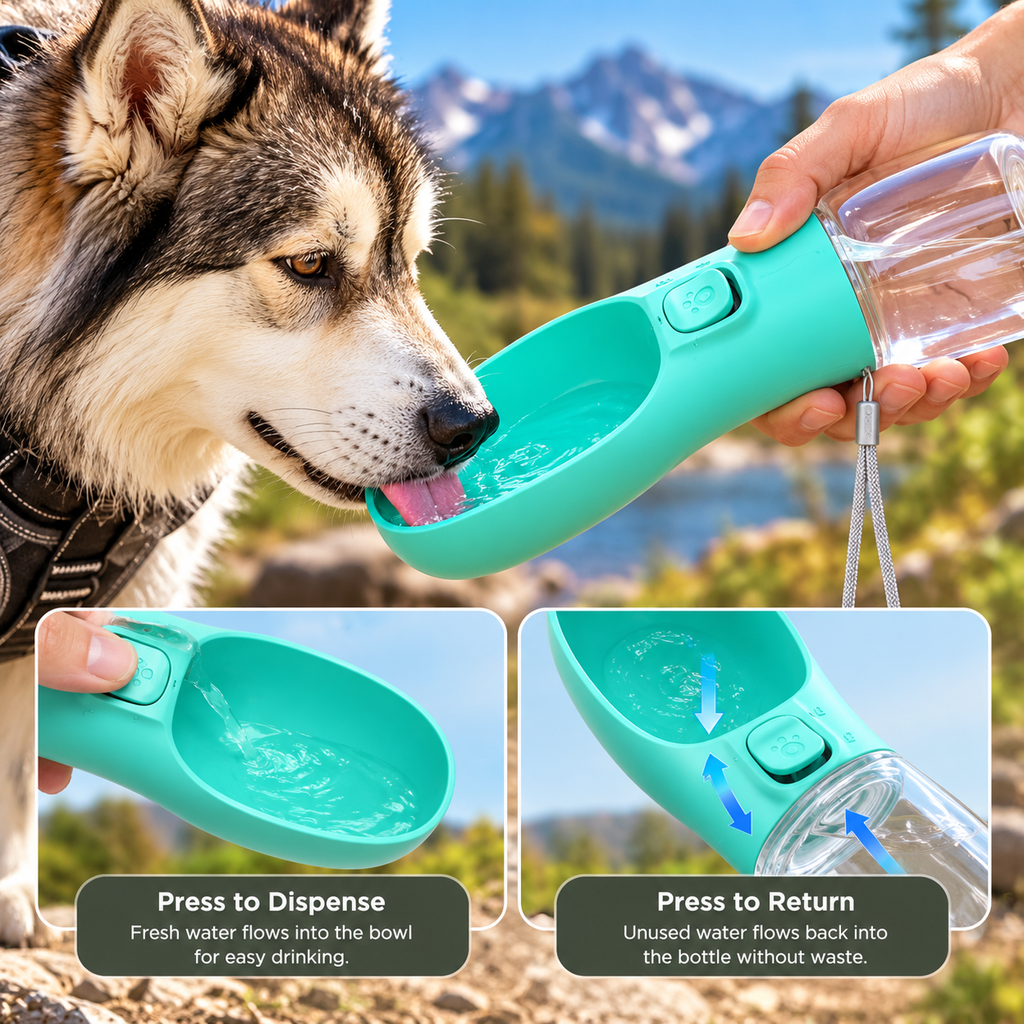 Turquoise Trail Hydration Dog Water Bottle dispensing and returning water