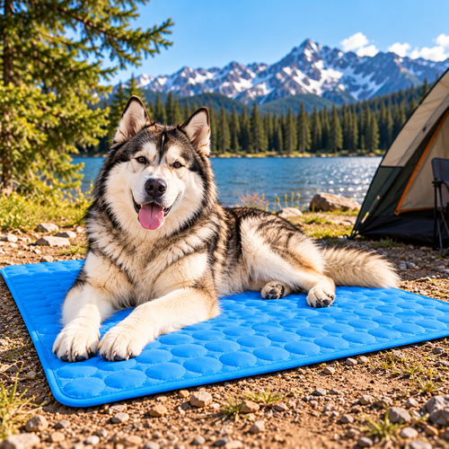 Husky relaxing on a blue Adventure Cooling Dog Mat beside a mountain lake