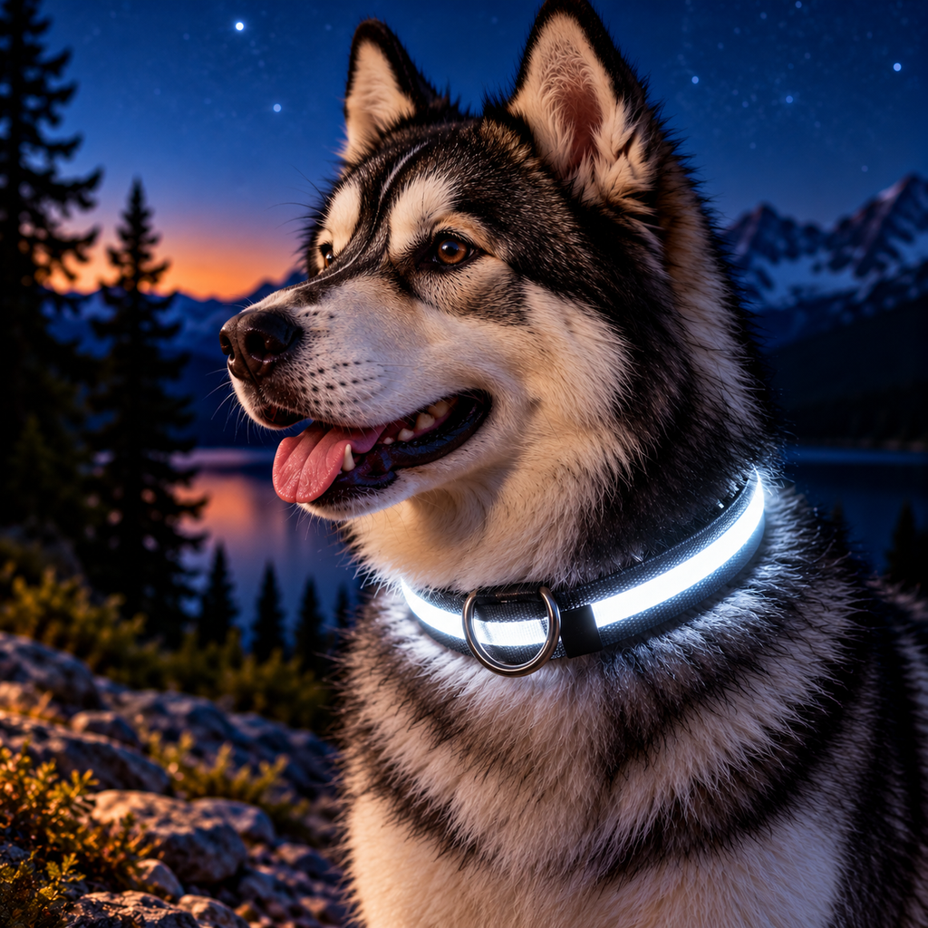 Husky wearing a blue LED night-visibility dog collar beside an alpine lake