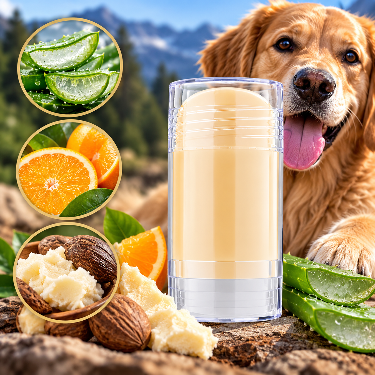 Paw and nose balm stick with golden retriever and outdoor ingredient imagery