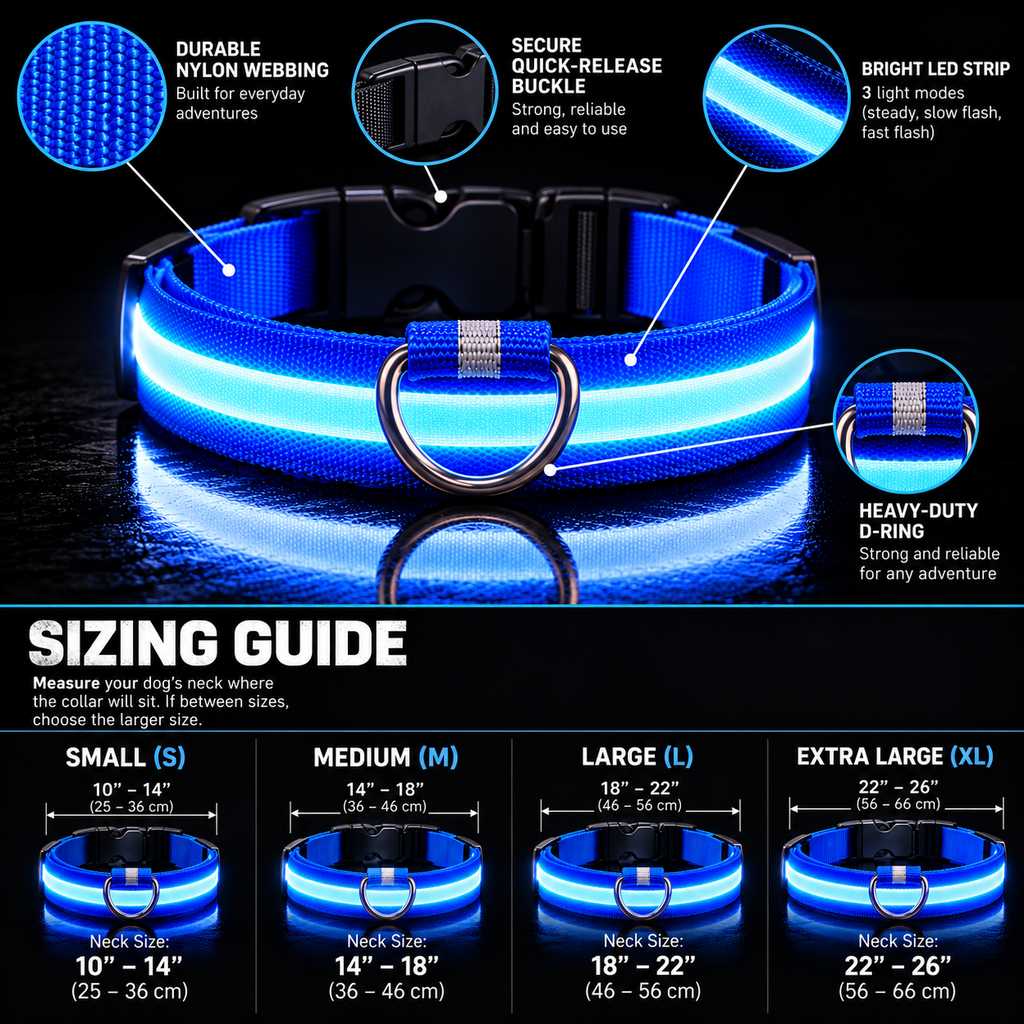 LED dog collar sizing guide for Small, Medium, Large and XL sizes