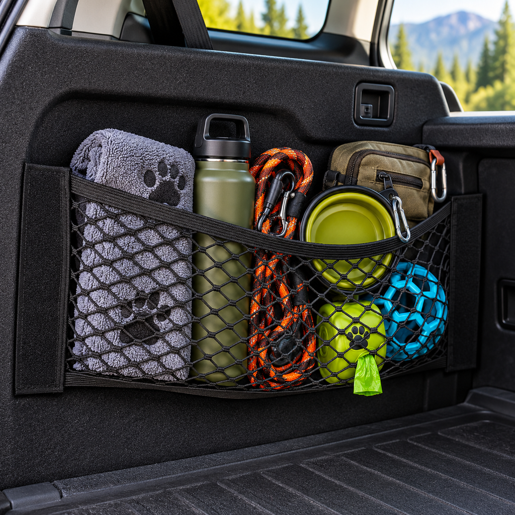 Black mesh trunk organizer holding dog road-trip gear in an SUV