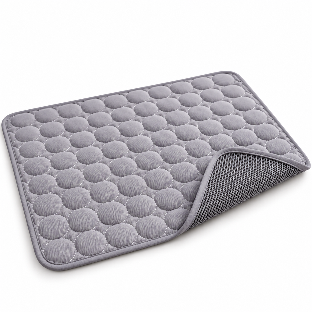 Gray quilted Adventure Cooling Dog Mat with breathable mesh backing