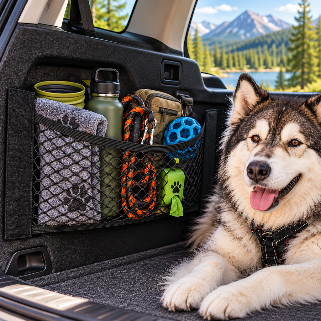 Adventure Dog Gear Trunk Organizer installed in an SUV with dog travel gear